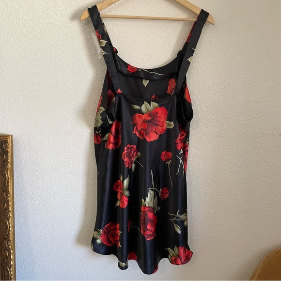 Vintage Satin Black & Red Stemmed Roses Floral Print Silky Slip Dress Just Love - Picture 5 of 9